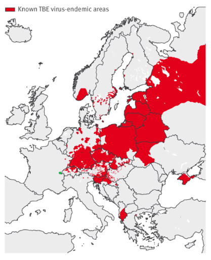 Aire de répartition connue de l’encéphalite à tiques en Europe [4] [En vert l’épisode français d’avril 2020]