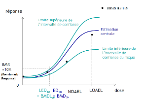 Représentation graphique des différents types de doses critiques à partir d’une courbe dose-réponse, d'après [12]