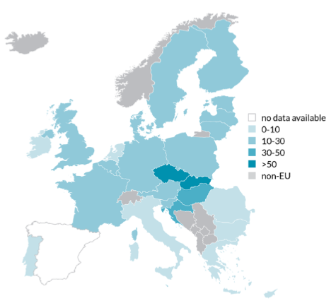 Nombre de cas de salmonellose pour 100 000 habitants en EU EFTA en 2018
