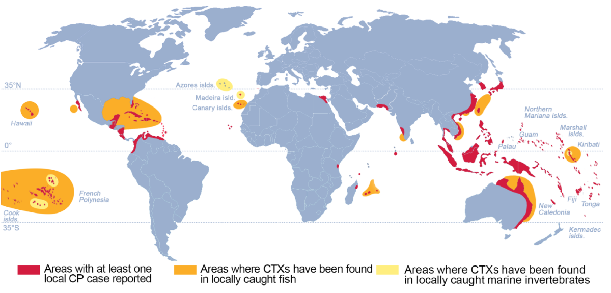 ​Figure 1: Distribution géographique de la ciguatera et des ciguatoxines [CP : ciguatera poisoning ; CTXs : ciguatoxines